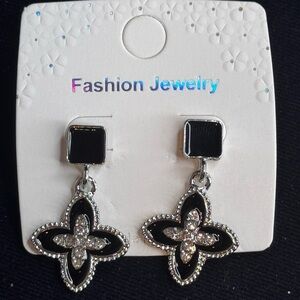 Black & Crystal Clover Drop Earrings - Fashion Jewelry NWT 1.5 inch Silver Tone